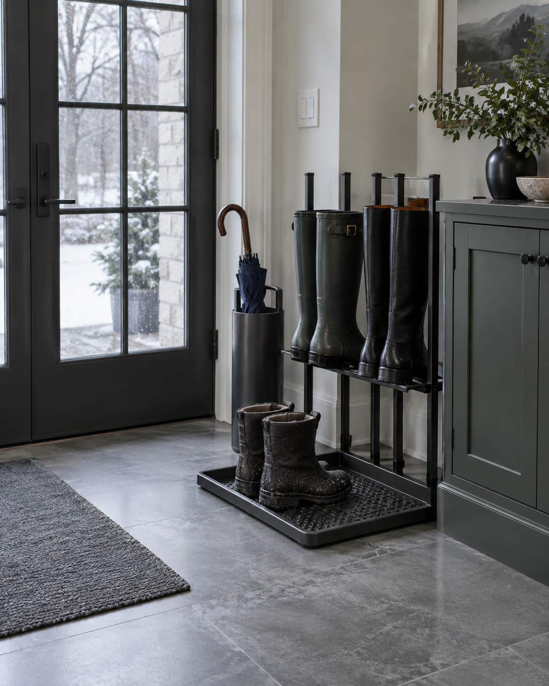 Entryway Shoe Organization - Ravnora Decor Rain-ready entryway with raised wet-shoe tray and upright tall-boot storage separated from dry footwear