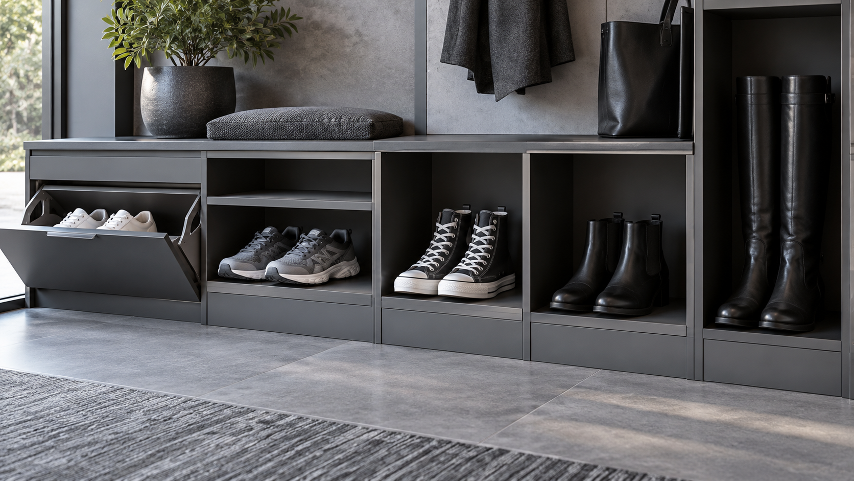 Entryway Shoe Organization - Ravnora Decor Comparison showing how sneakers, high-tops, ankle boots and tall boots need different shoe-storage clearance