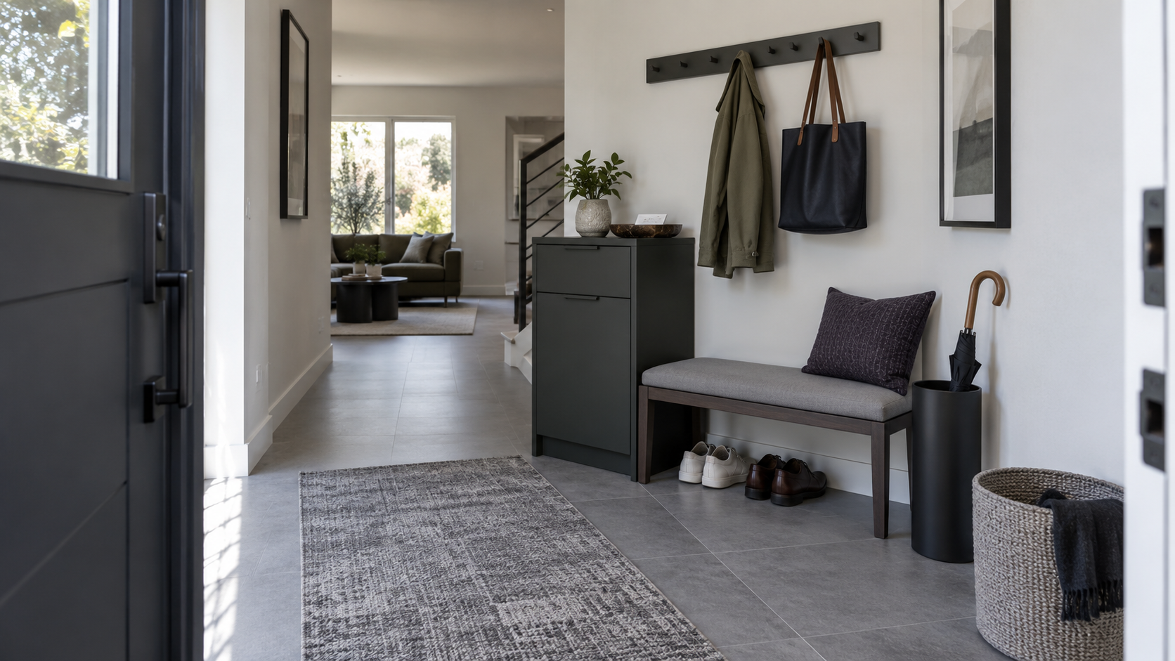 Resolved contemporary entryway with closed shoe storage, bench, wall hooks, drop zone, umbrella storage and a clear circulation path.