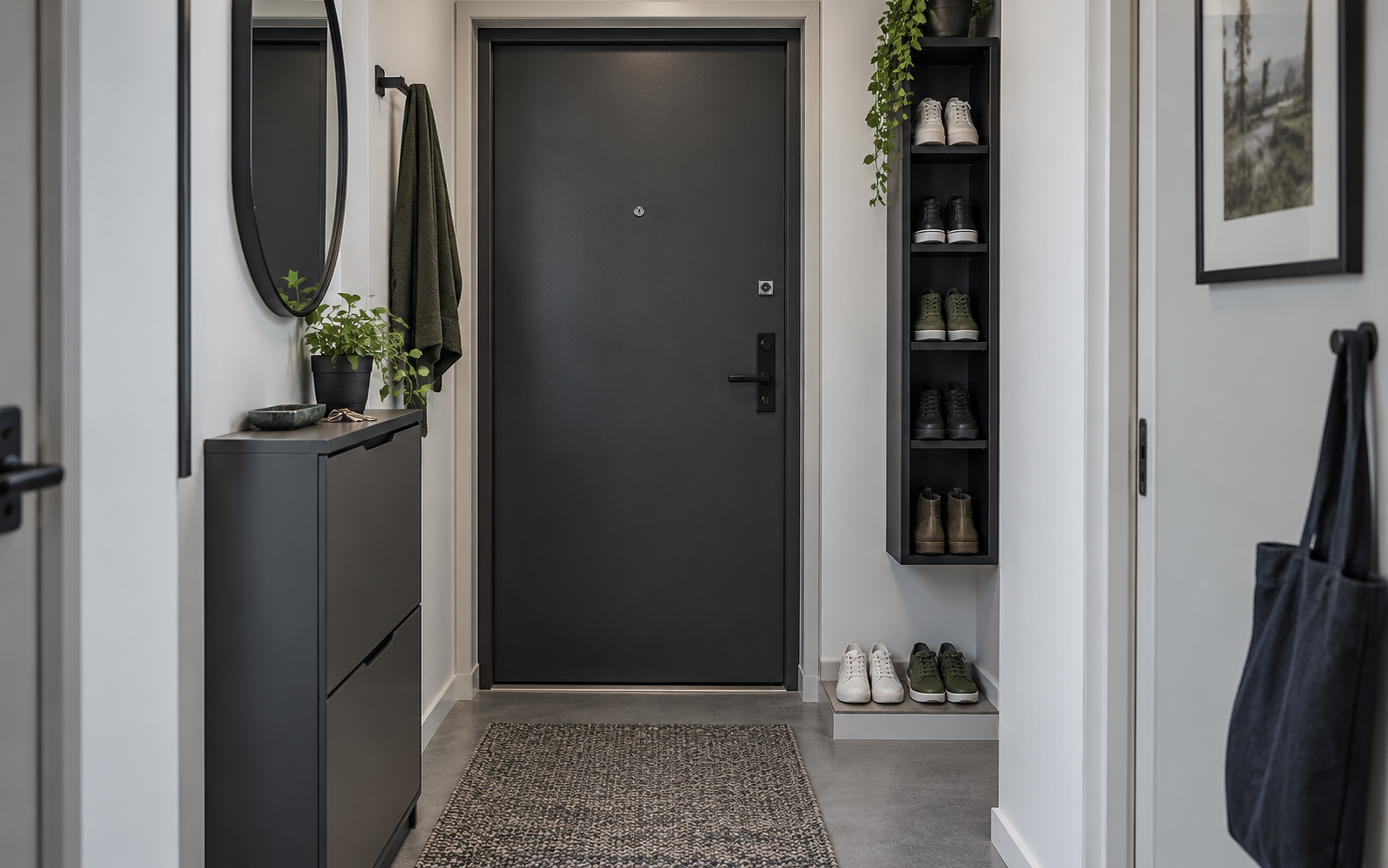 Small apartment entryway combining slim concealed and vertical shoe storage without blocking circulation