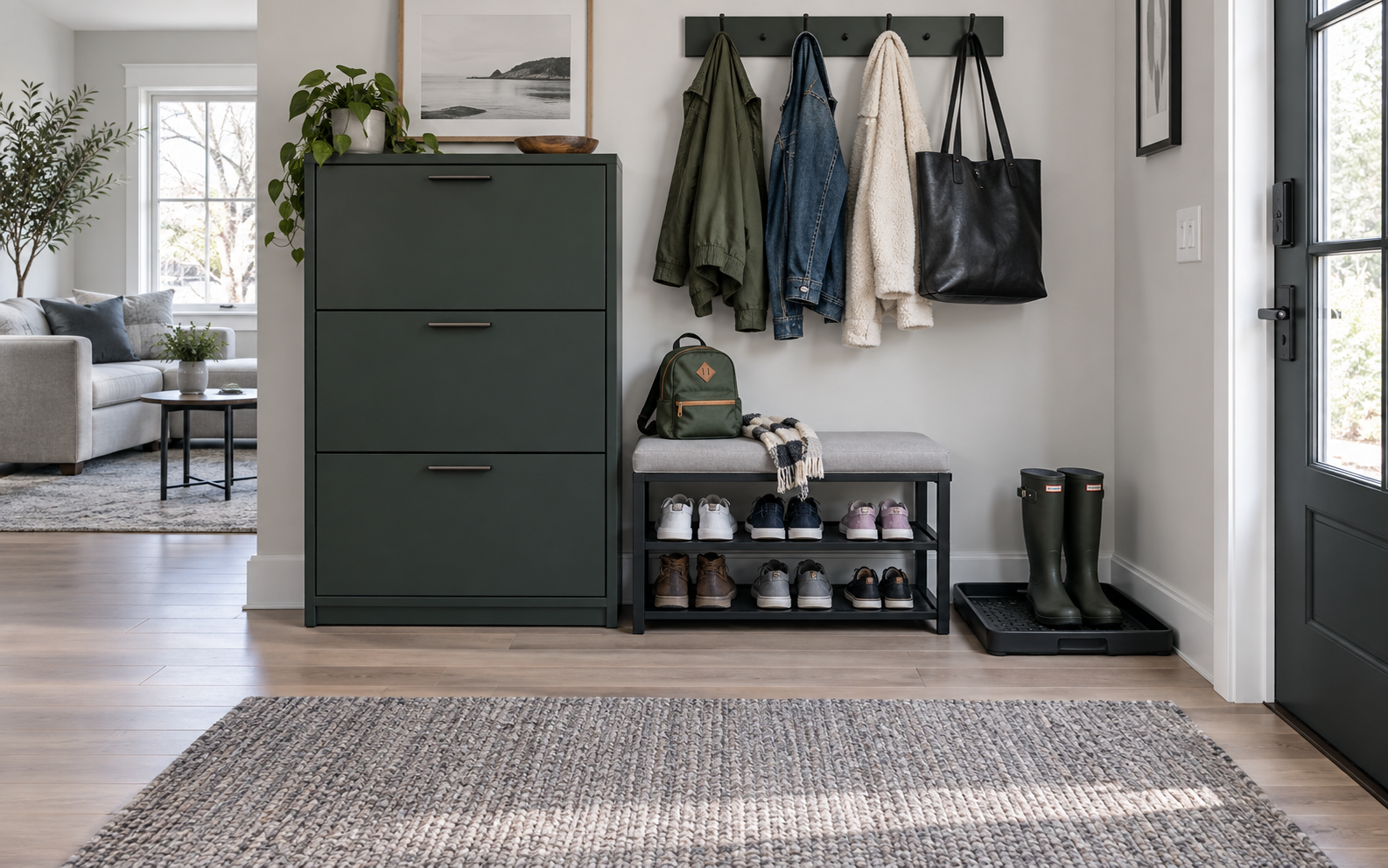 Family entryway separating concealed footwear, easy-access daily shoes and wet-weather storage