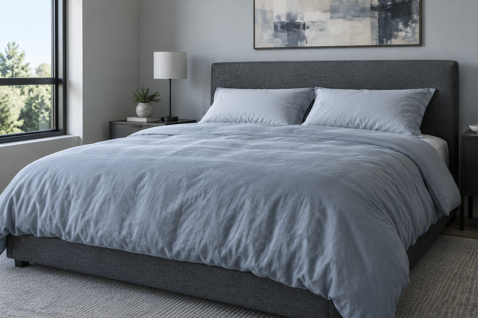 Simple made bed with duvet only and no lower-third finishing layer.