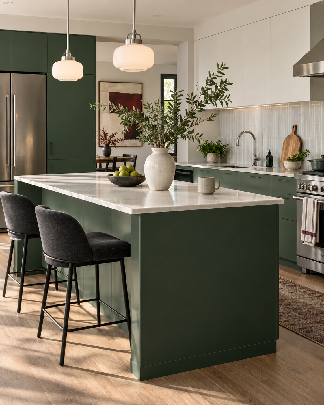 Fresh green contemporary kitchen with mineral island