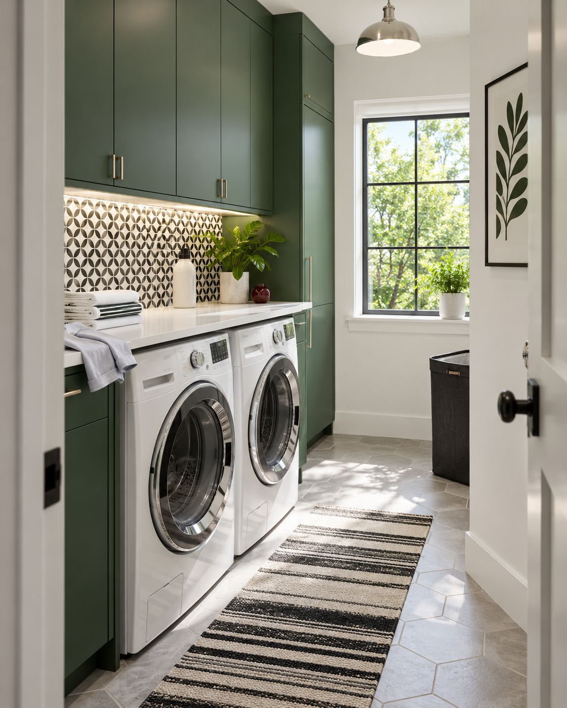 Green contemporary laundry room with graphic backsplash