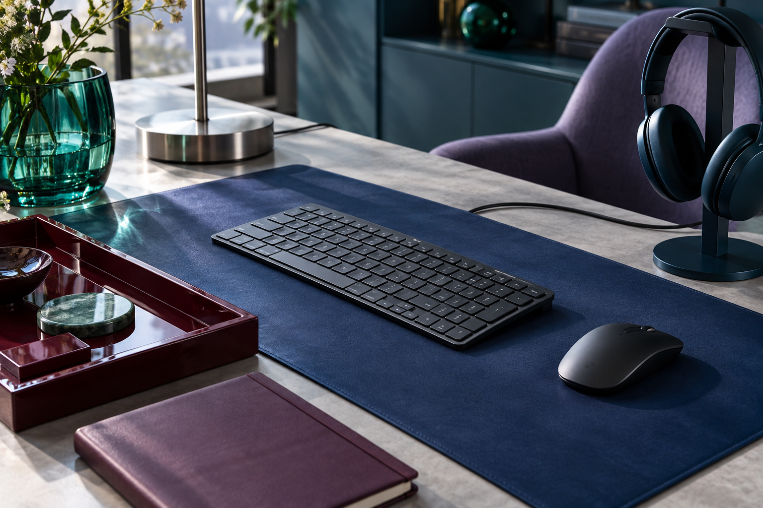 Close-up home-office desk with keyboard, mouse, headphones, notebook and accessories arranged by working reach.