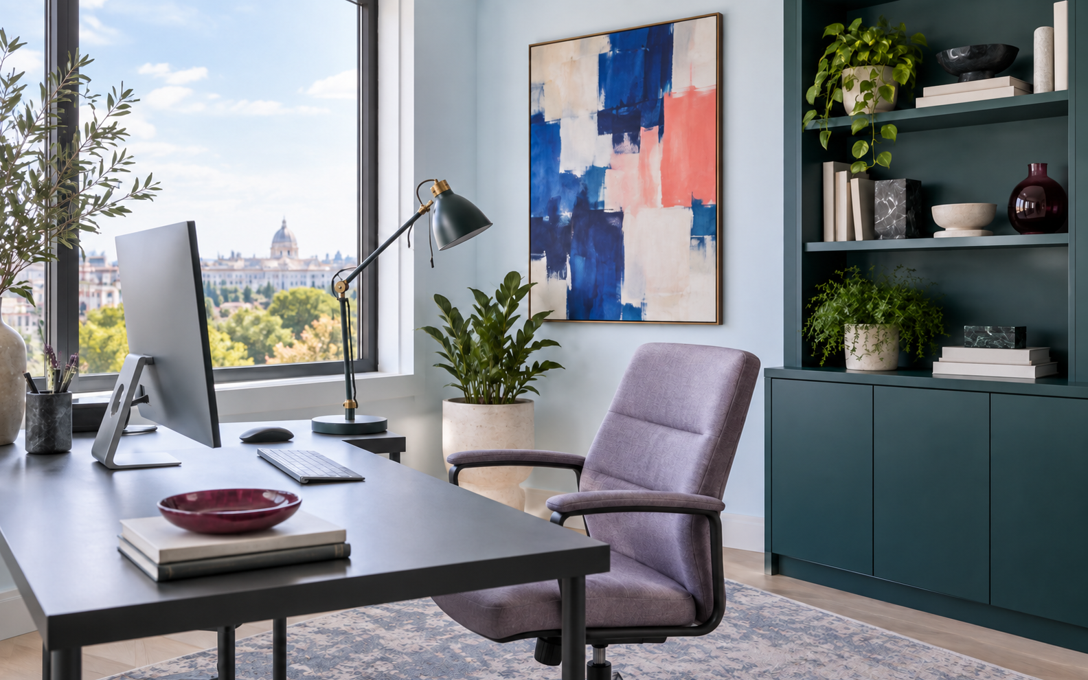 Home office in daylight with side window, desk lamp and shelving.