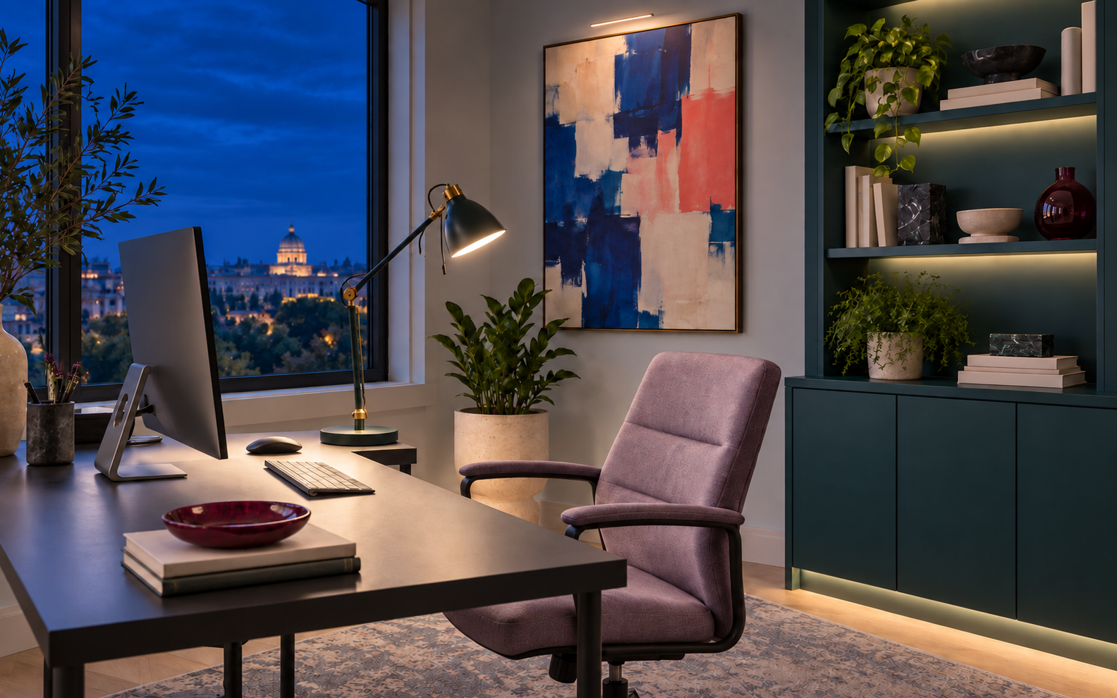 The same home office after dark with task lighting and layered shelf lighting.