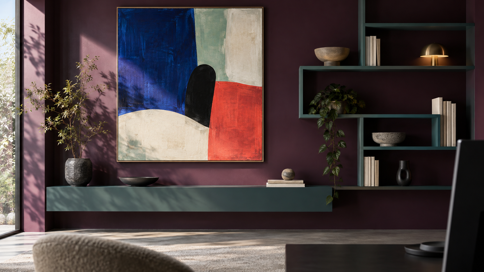 Home-office sightline with a plum wall, large abstract artwork, sculptural shelving and generous negative space.