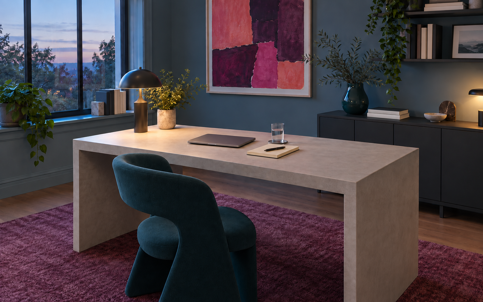 The same home office after a visual reset with the desk clear and the room calm.
