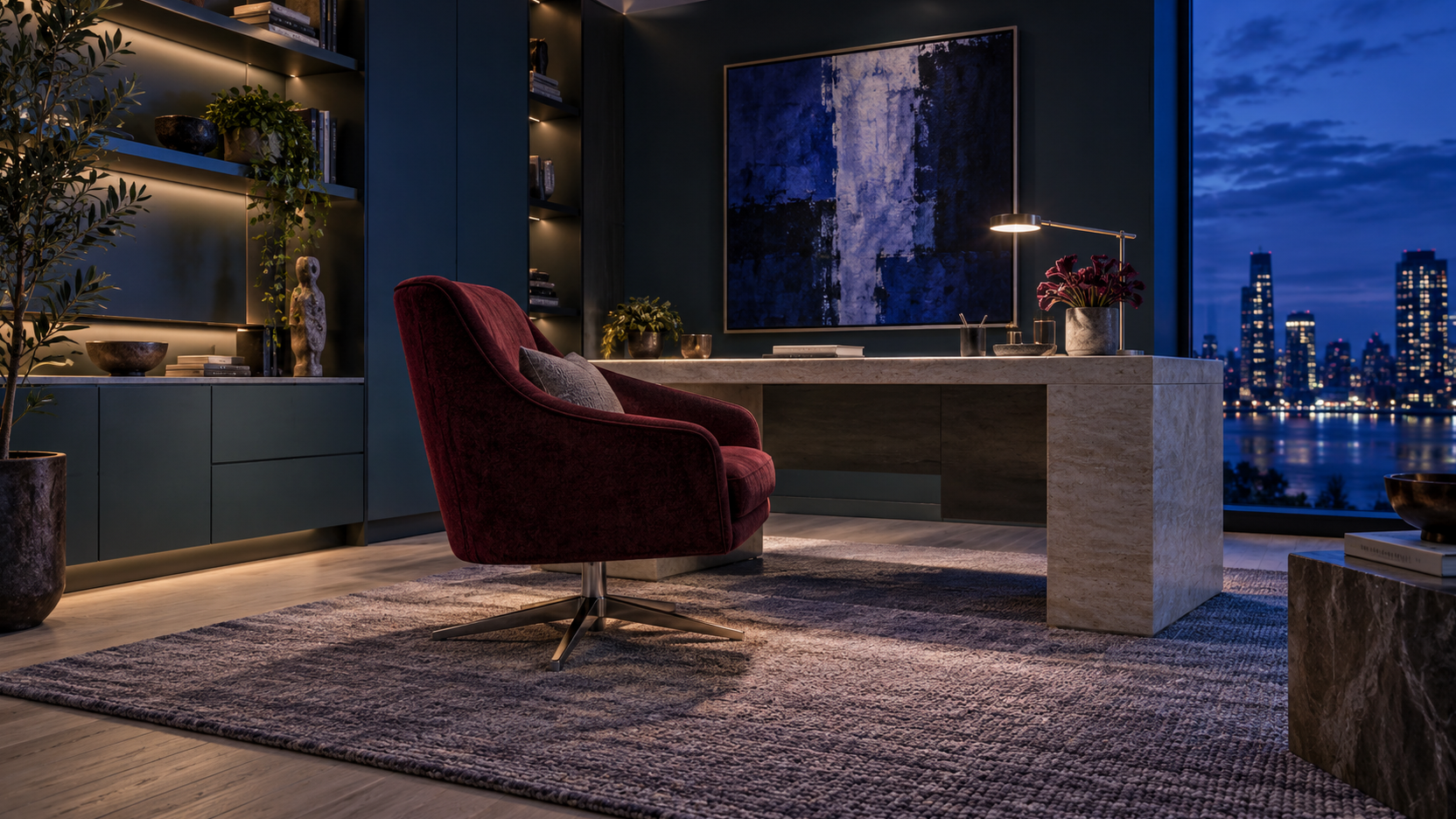 Elegant home office at night with sculptural desk, burgundy chair, illuminated shelving and city view.