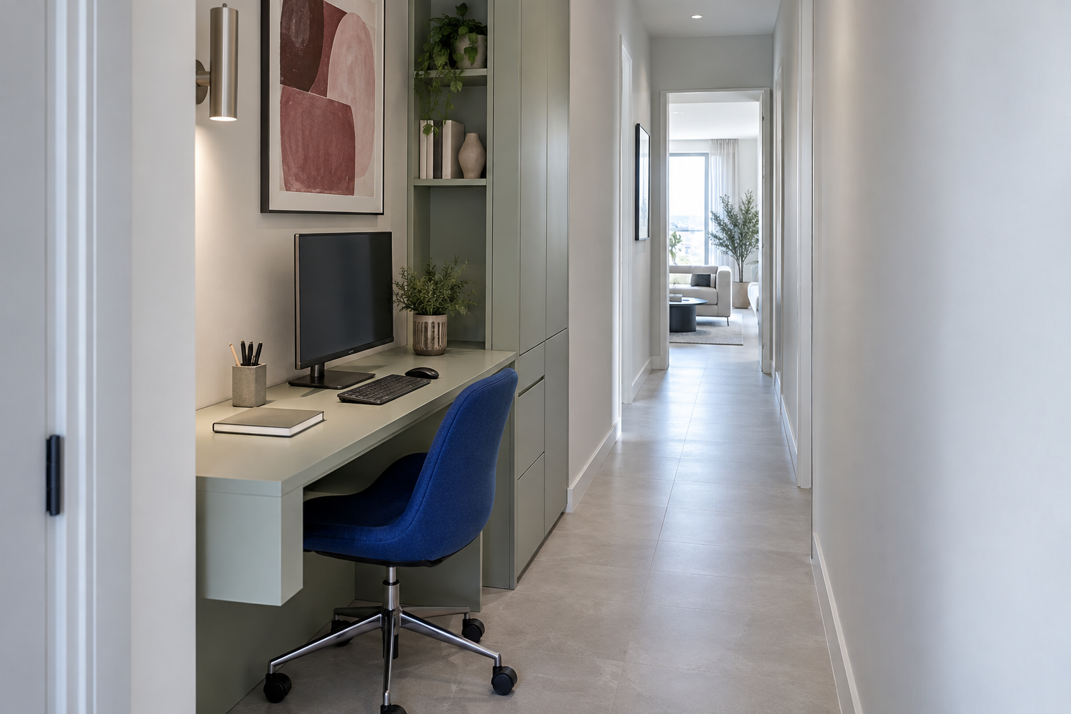 Narrow hallway home-office workspace that keeps the circulation route clear.