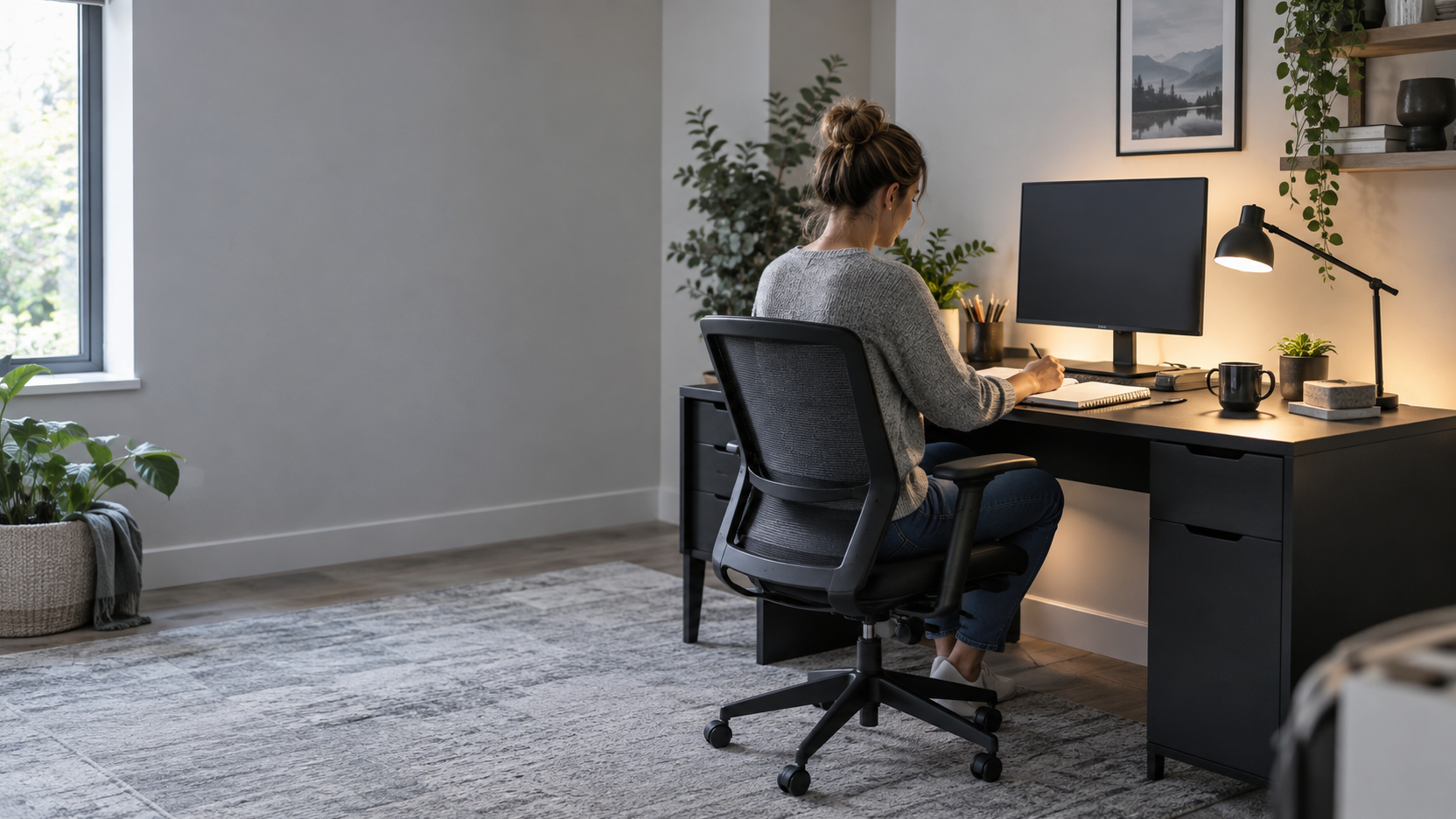 Contemporary home office using separate task, screen-background and ambient lighting layers