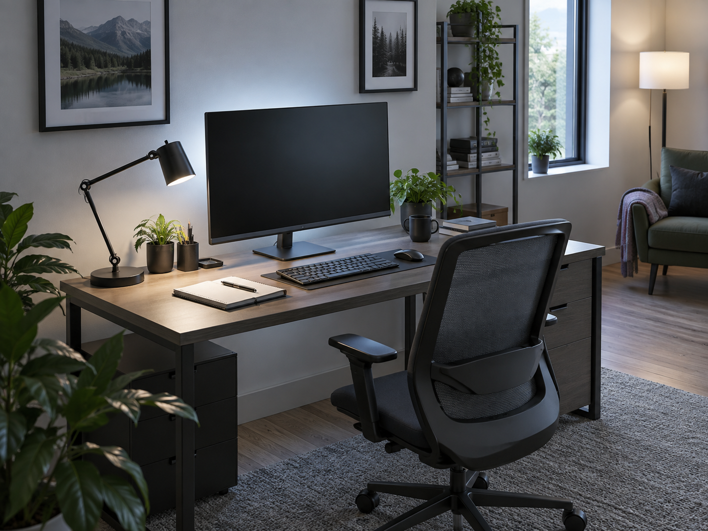 Home office showing practical placement for task, monitor-background, video-call and room lighting