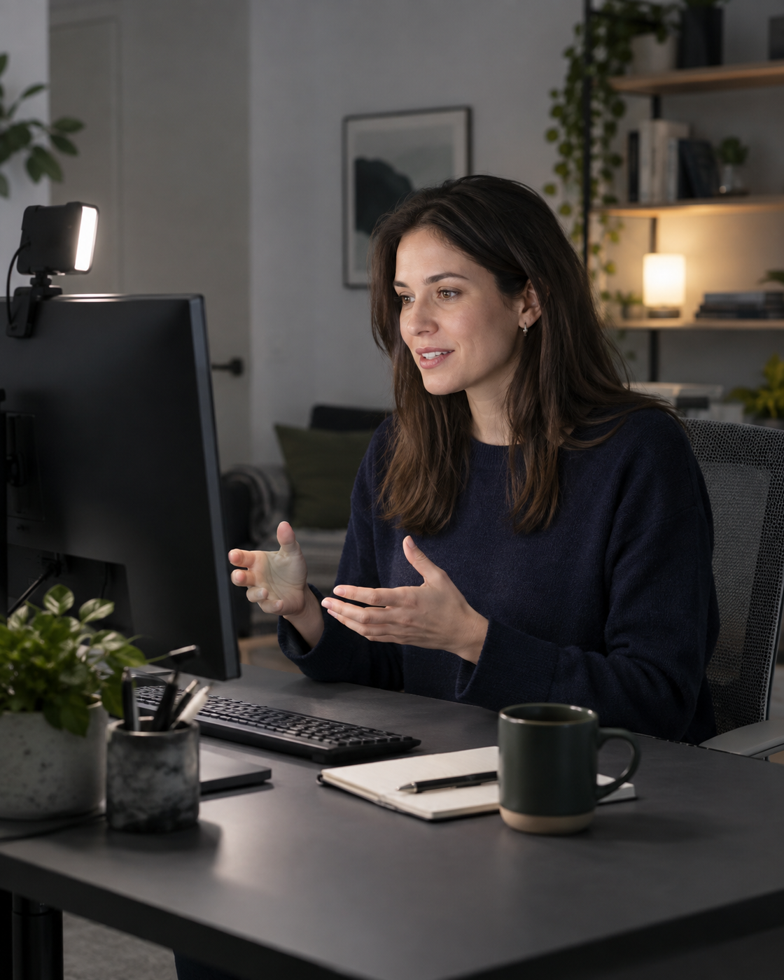 Home office video-call setup using soft face lighting and a calm illuminated background