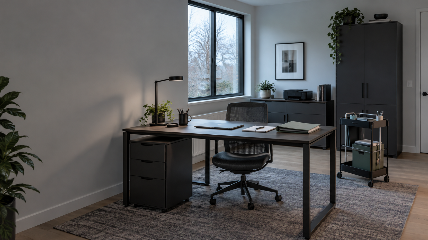 Home Office Storage - Ravnora Decor Contemporary home office with daily storage near the desk, a project cart nearby and closed archive storage farther away