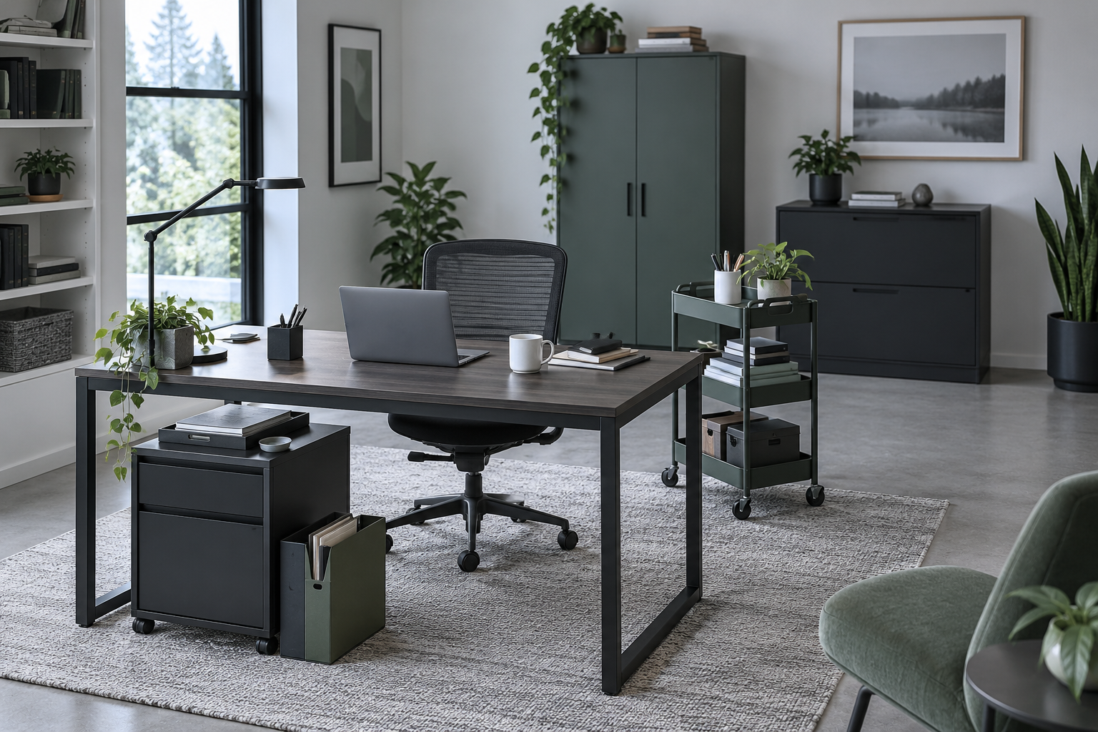 Home Office Storage - Ravnora Decor Home office arranged by storage distance with everyday tools at the desk, a project station nearby and closed archive storage farther away