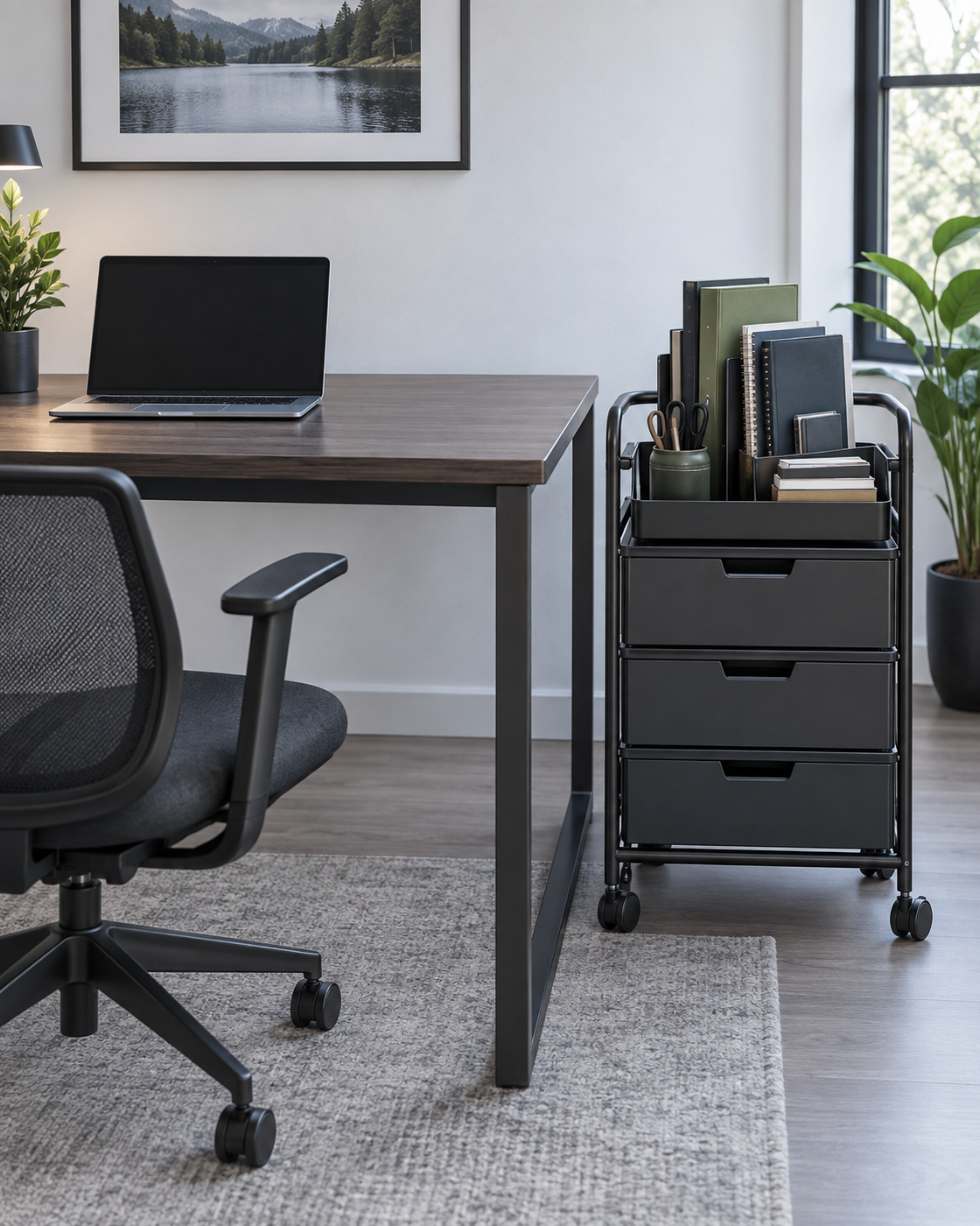 Home Office Storage - Ravnora Decor Clear home office desk beside a rolling station containing one organized active project