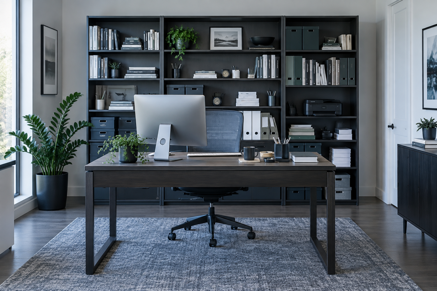 Home Office Storage - Ravnora Decor Organized home office that still looks visually busy because files and backup supplies remain exposed