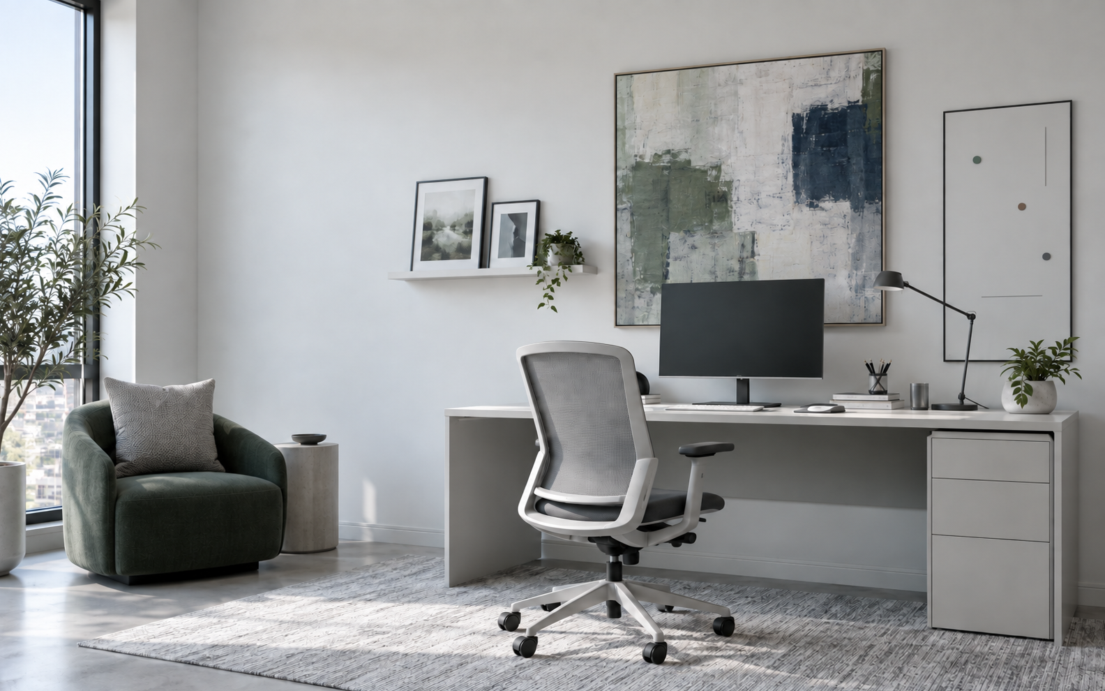Contemporary home office with a balanced wall composition above the desk