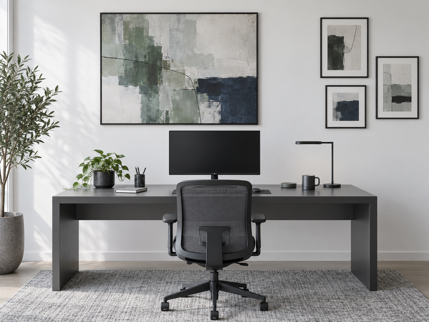 Quiet art-focused home office wall