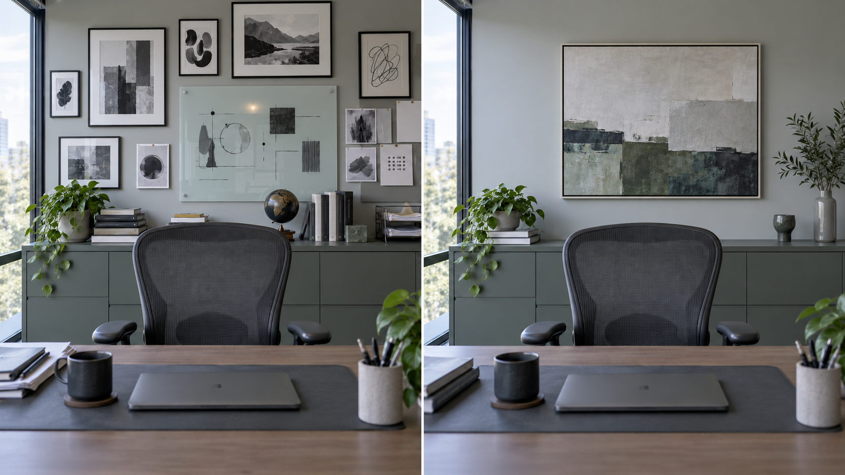 Comparison between a busy office video-call wall and a calmer balanced background