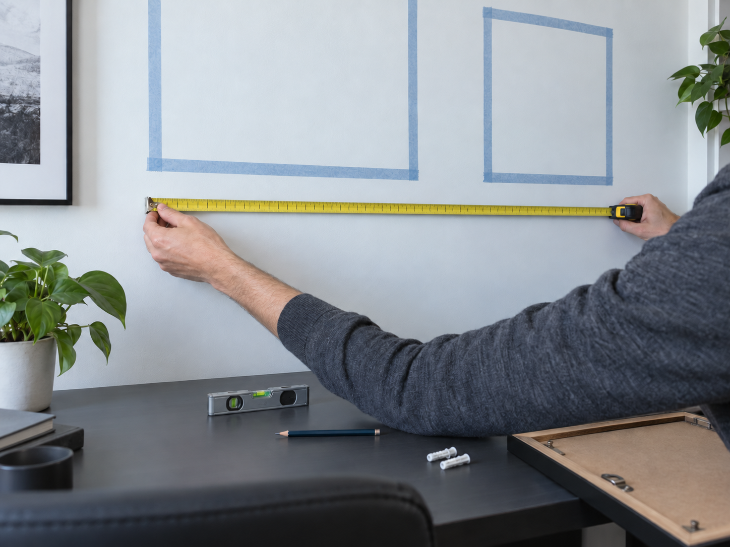 Home office wall being measured before wall decor is installed