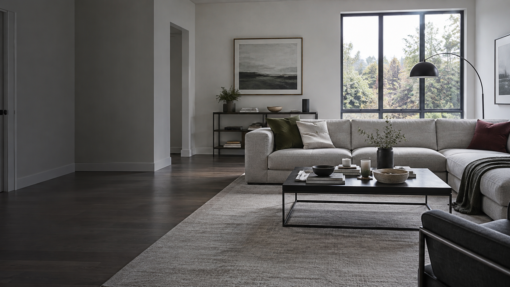 Living Room Decorative Accessories - Ravnora Decor Contemporary living room showing an under-finished sofa, busy coffee table, empty corner and flat console.