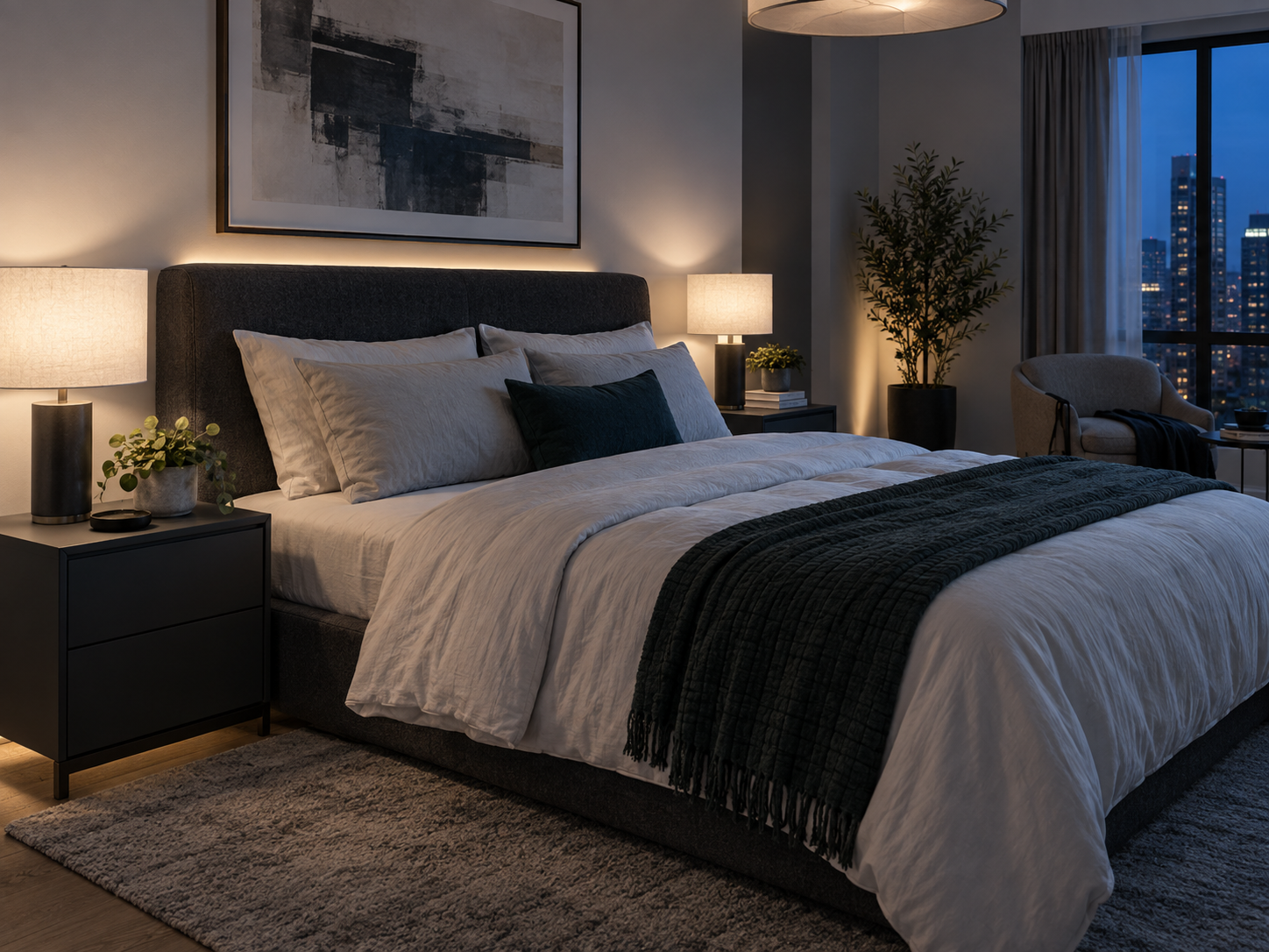Bedroom Lighting - Ravnora Decor Contemporary bedroom using layered bedside, ambient and low-level nighttime lighting.