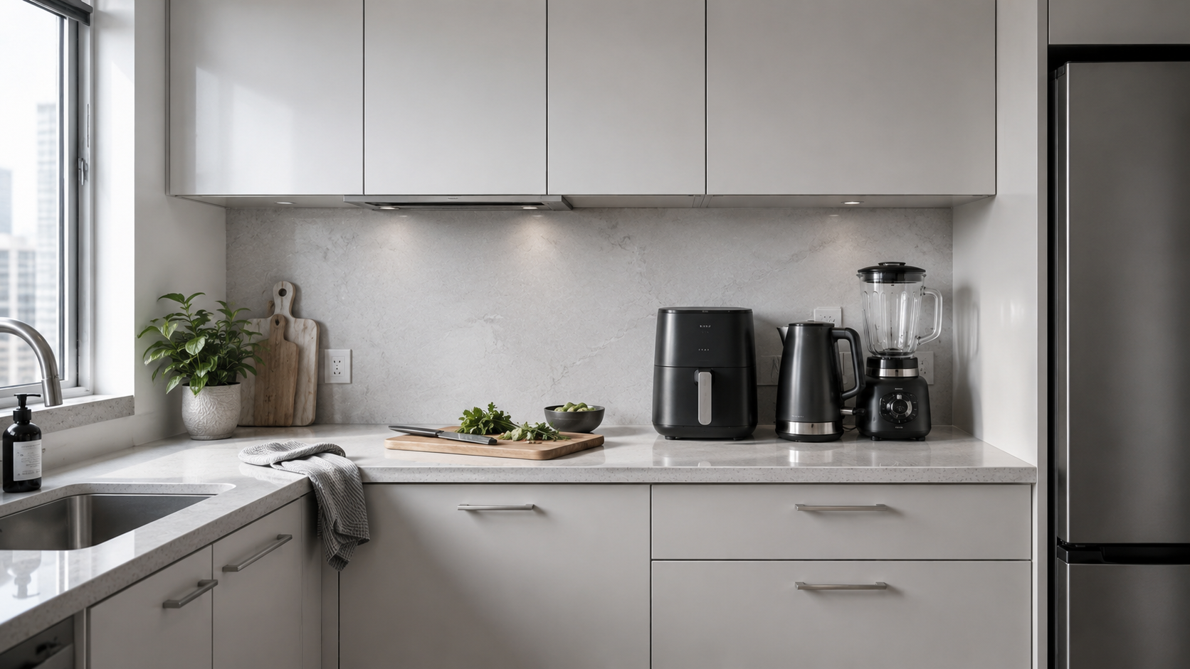Compact modern kitchen with an open preparation surface beside a controlled group of daily small appliances.