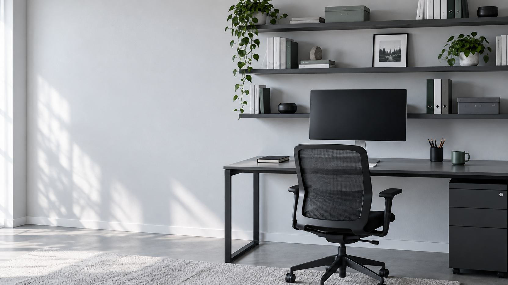 Cool-toned home office where wall shelving keeps books and active papers off a mostly clear working desk