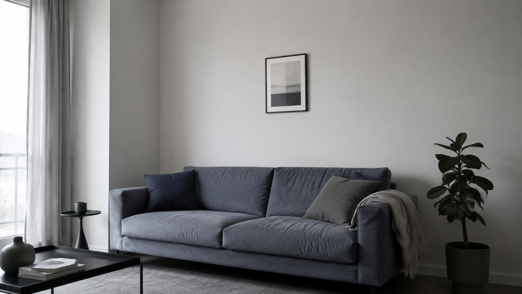 Modern living room showing undersized wall art above a sofa to illustrate an unresolved wall decor scale problem