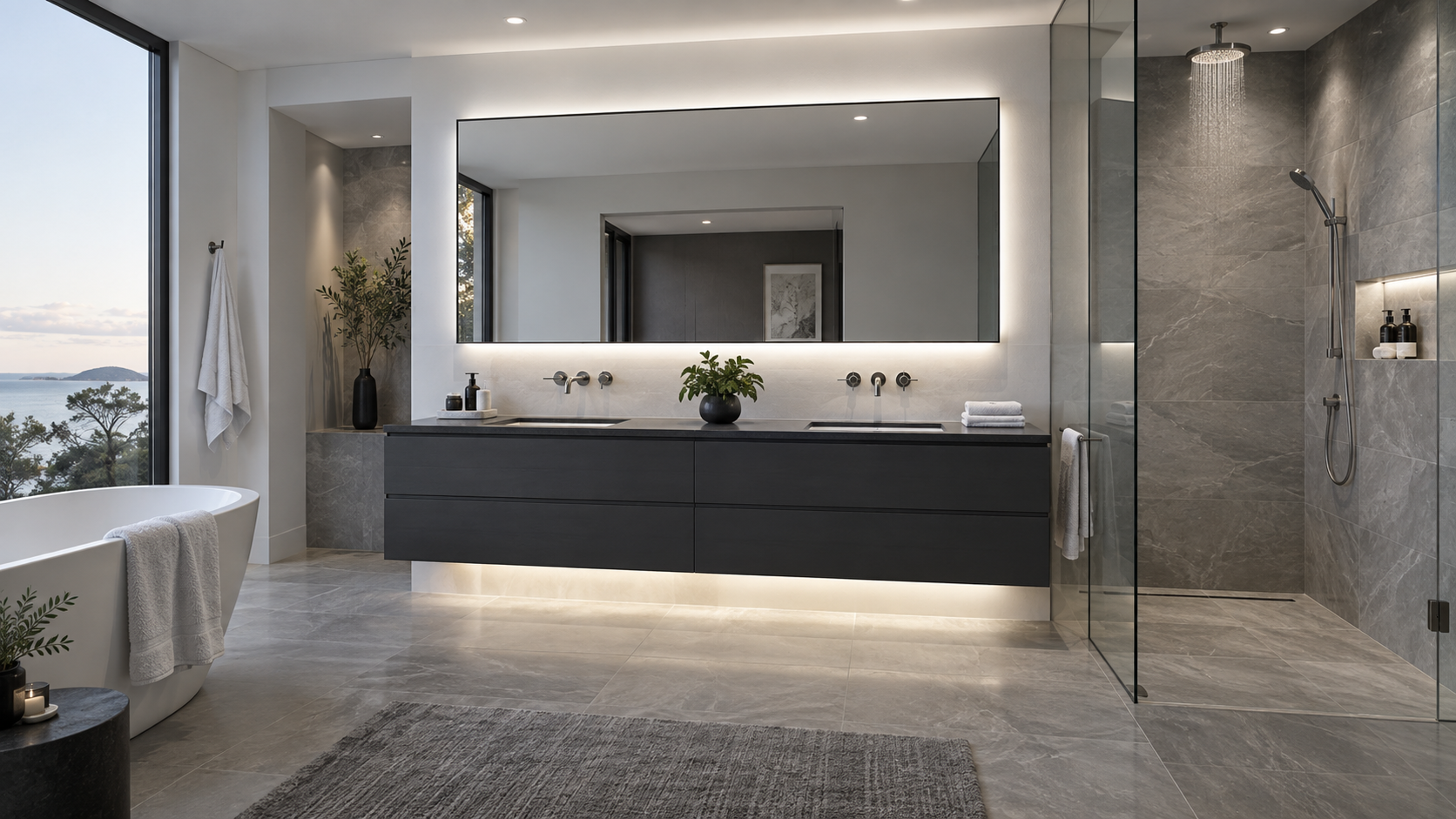 Modern bathroom with layered mirror, room, shower and low-level lighting