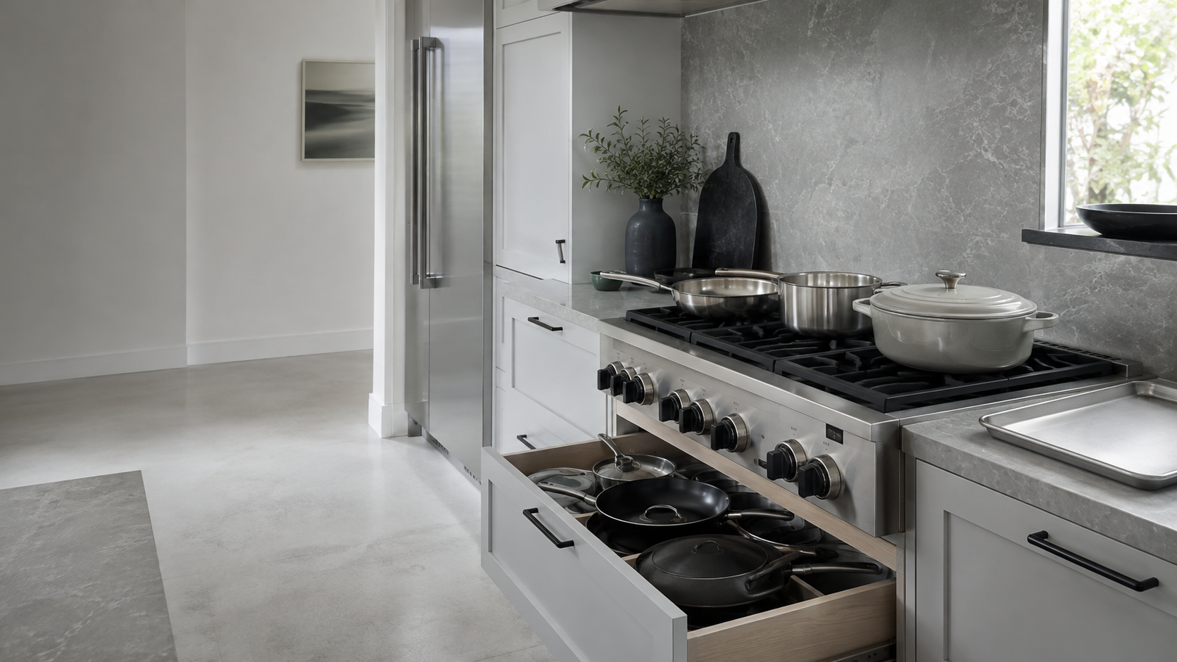 Kitchen Cookware & Bakeware Essentials - Ravnora Decor Contemporary kitchen with purposeful cookware on the range and an open drawer holding redundant pans and lids.