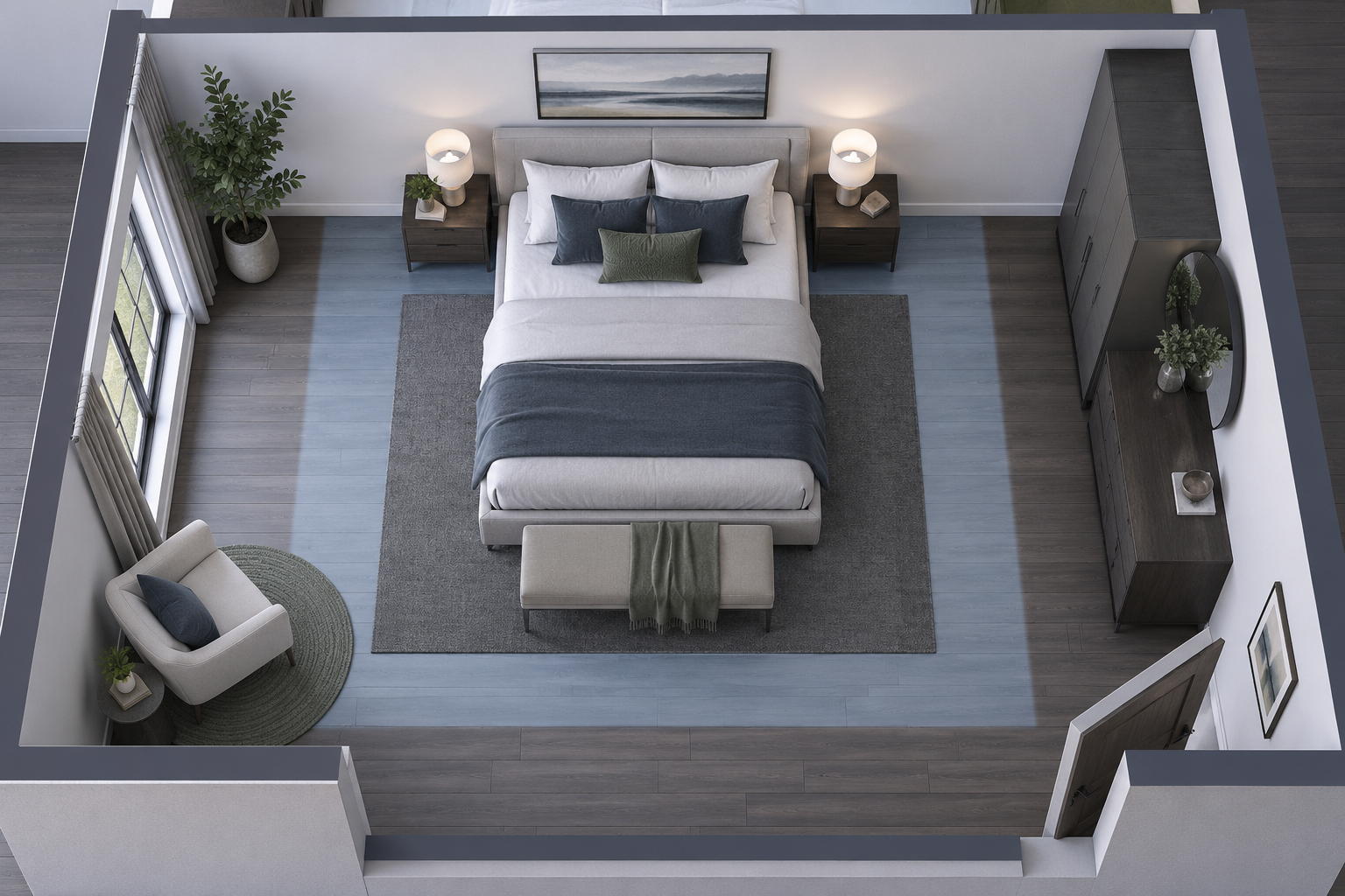 Elevated bedroom layout showing the bed, bedside zone, walking route, dressing wall and optional furniture area.