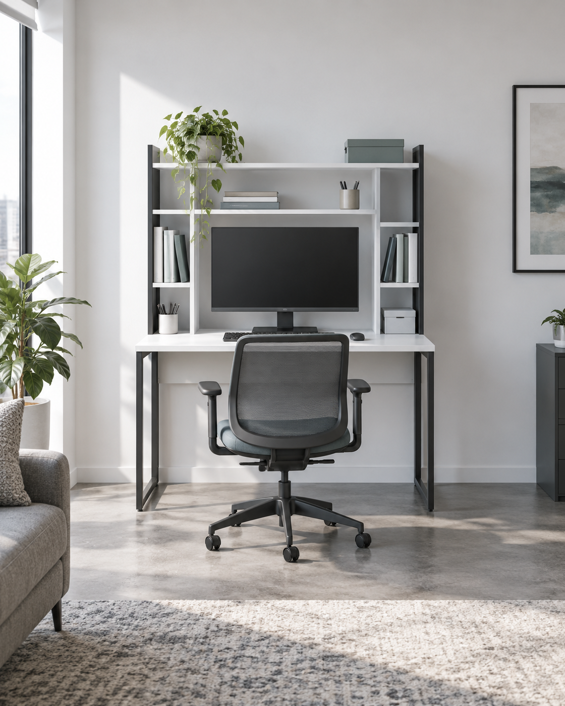Compact renter-friendly home office using a freestanding desktop shelf hutch to add vertical storage without taking extra floor space