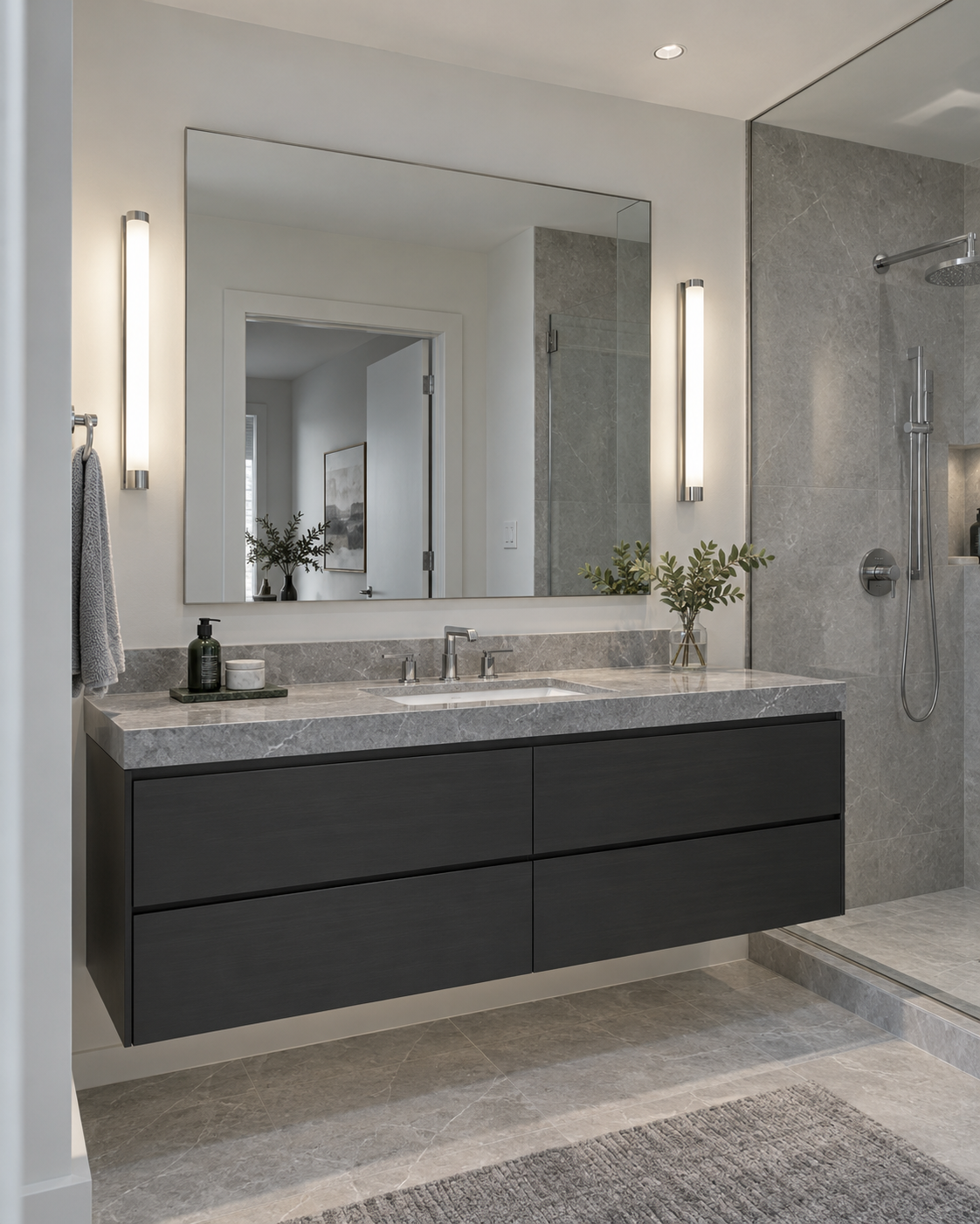 Bathroom vanity with balanced mirror lighting
