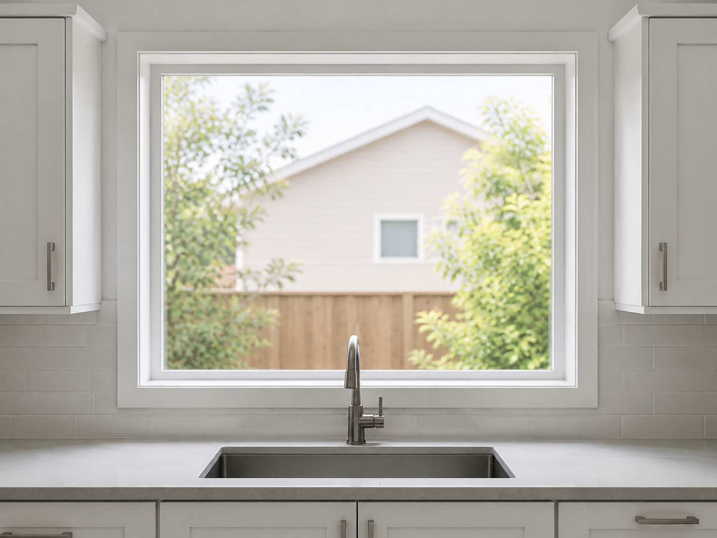 Clear untreated kitchen sink window used to demonstrate where privacy coverage can begin and end.