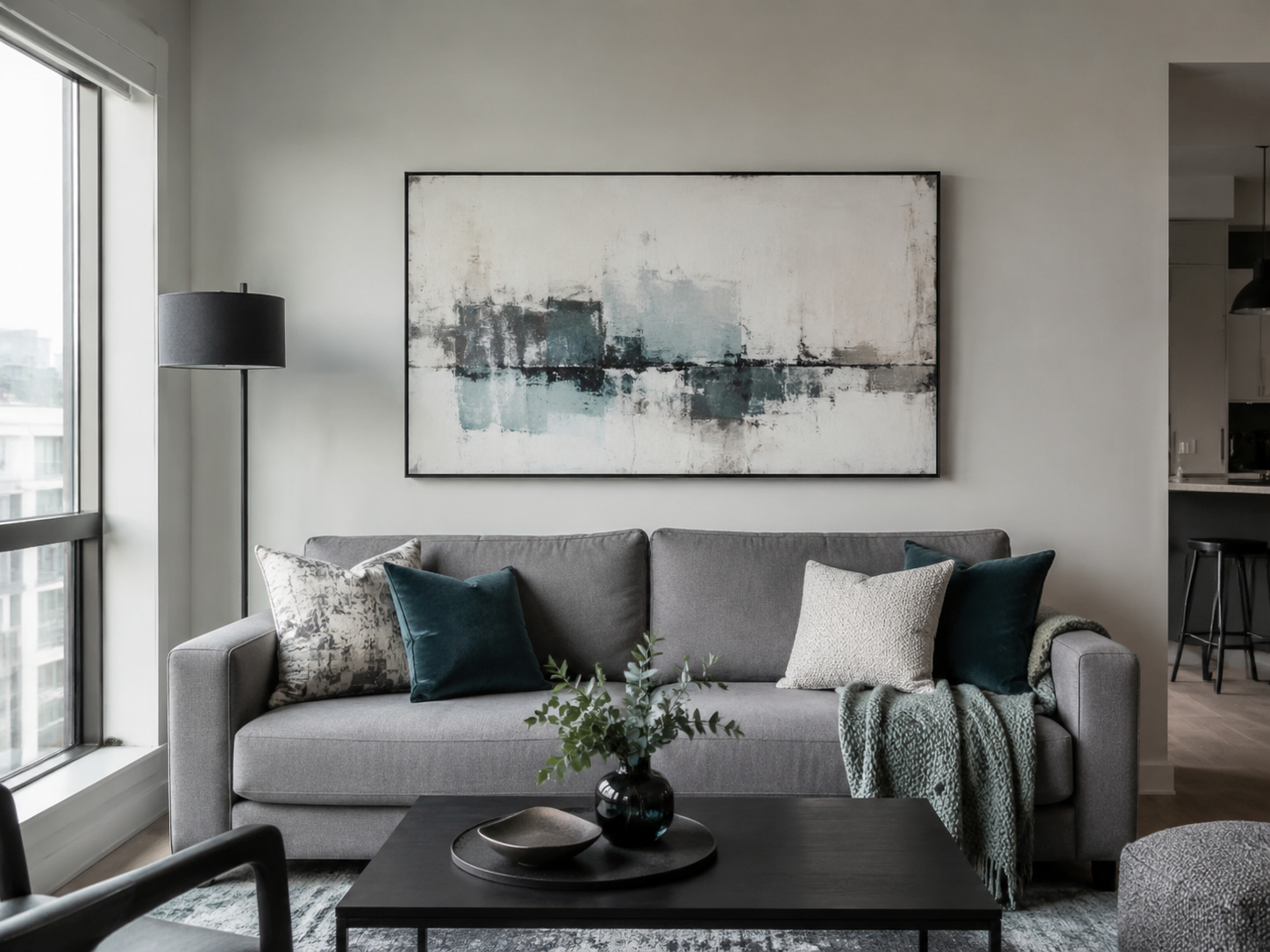 Living Room Wall Decor - Ravnora Decor Living room with one correctly scaled statement artwork above a sofa