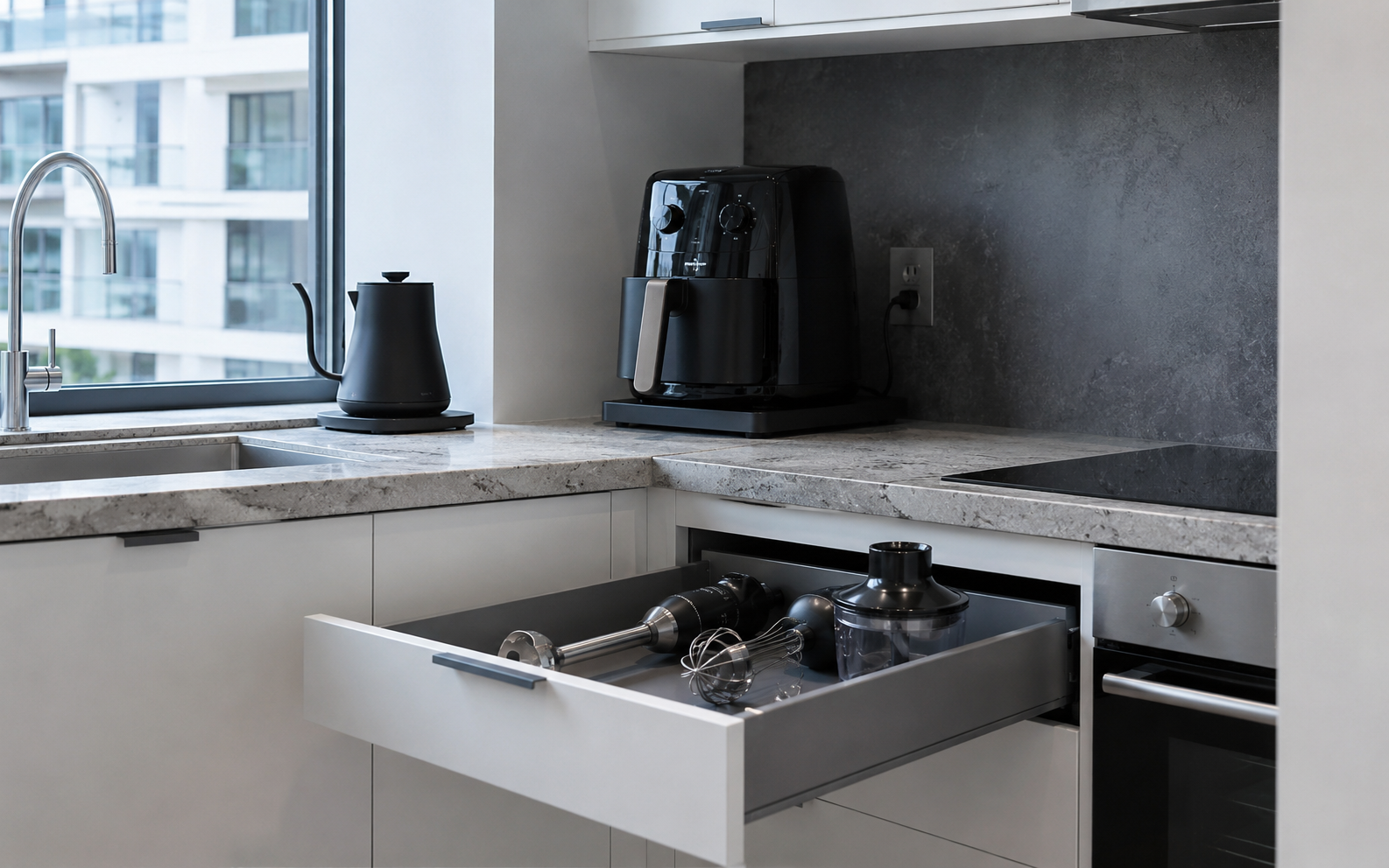 Small kitchen showing one daily appliance left out, one appliance parked to slide forward, and prep tools stored in a drawer.