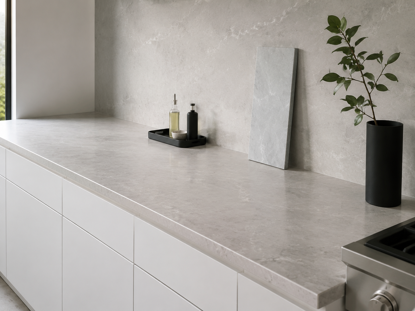 Kitchen Counter Decor - Ravnora Decor Kitchen counter demonstrating an empty work span, compact tray anchor, vertical stone-board layer and taller green accent.
