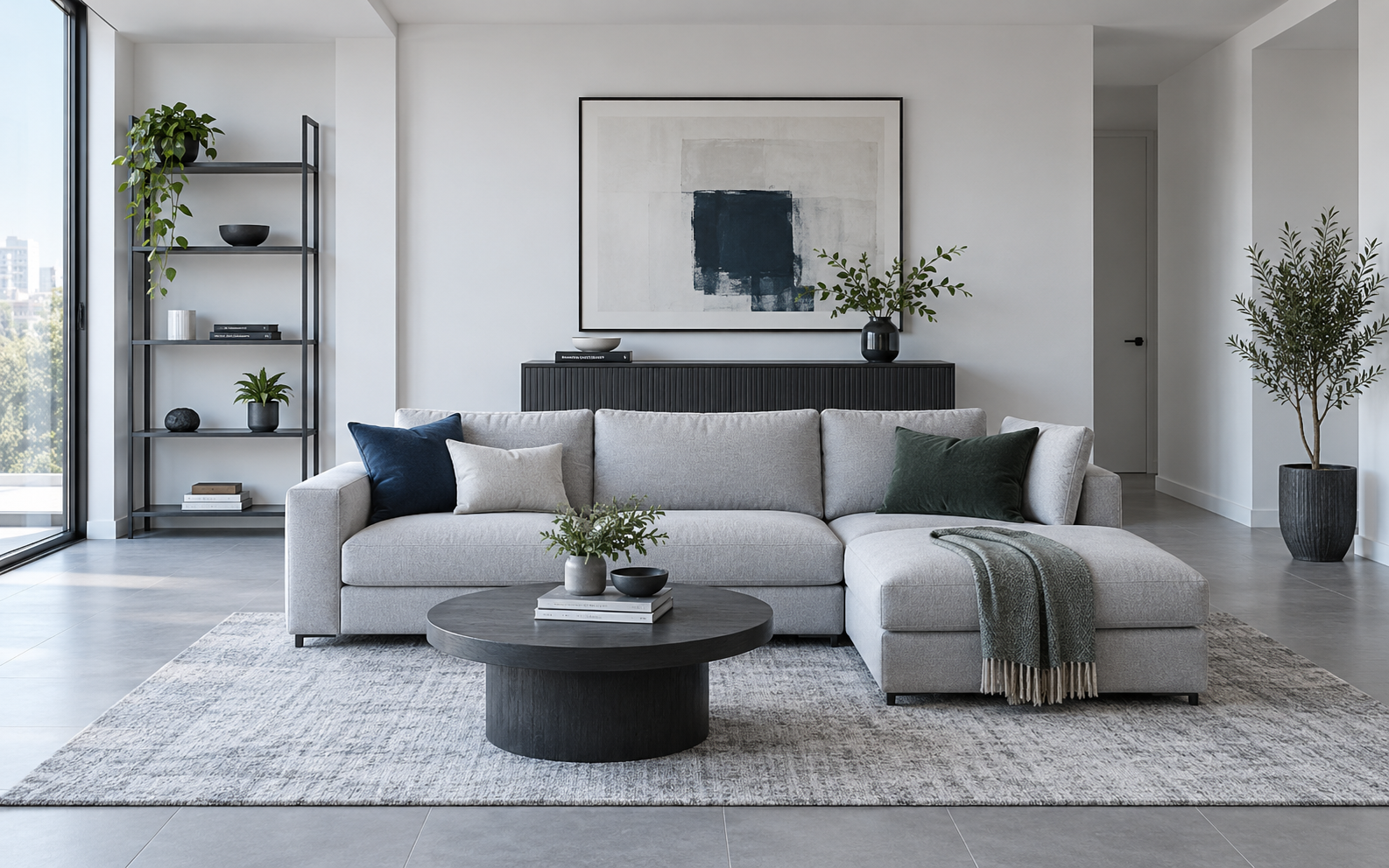 Contemporary living room showing distinct sofa, coffee-table, console, shelving and floor-corner accessory zones.