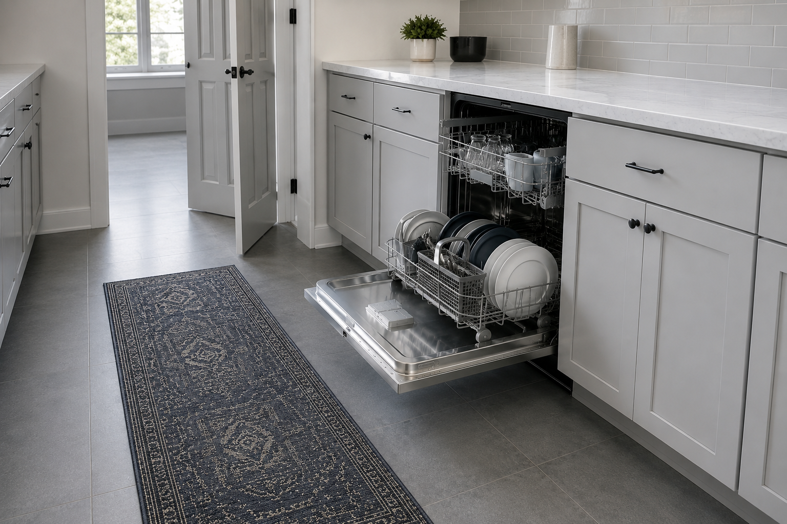Open dishwasher with visible floor clearance before the edge of a low-profile kitchen runner.