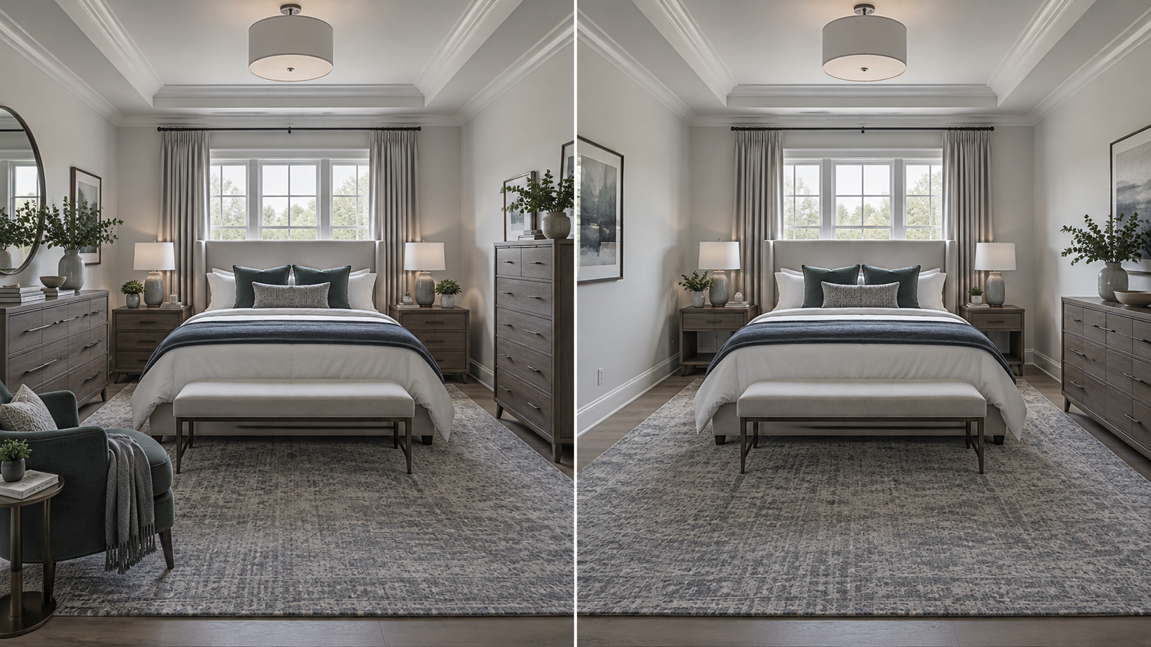 Bedroom Furniture - Ravnora Decor Same bedroom shown overfilled with furniture and then edited to preserve open floor and circulation.