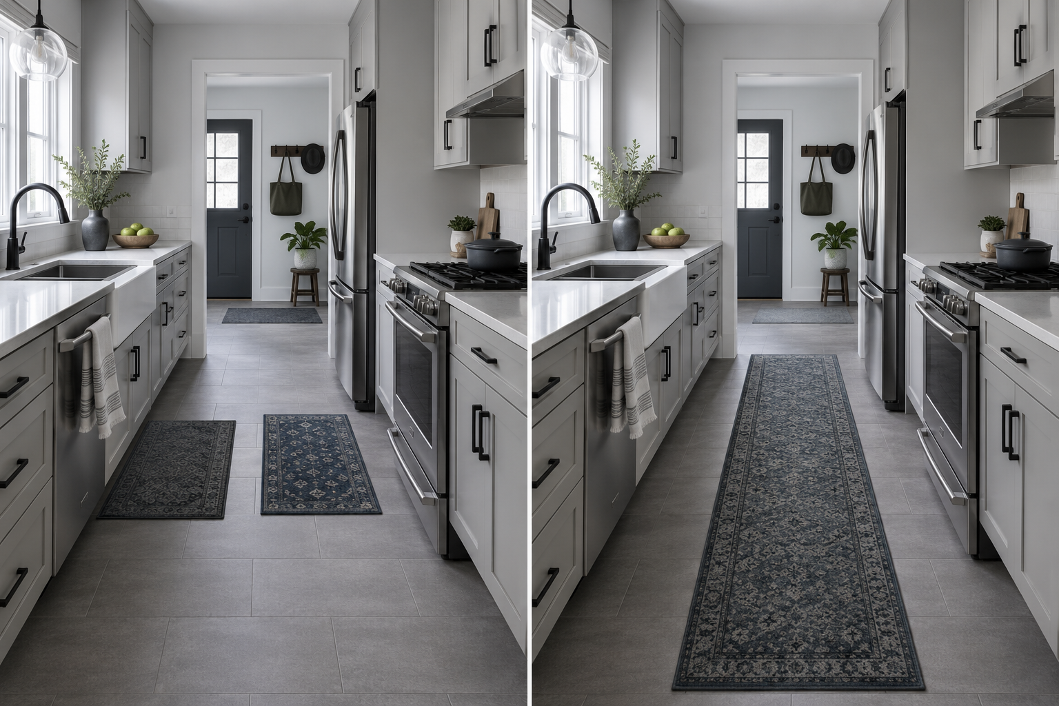 Same kitchen compared with several fragmented small mats versus one coherent primary runner.