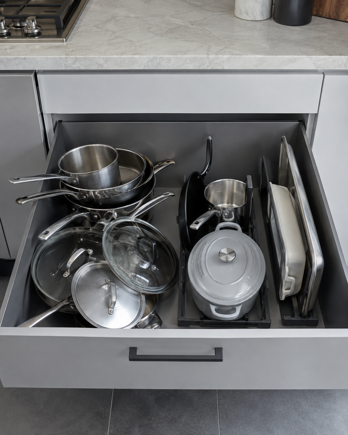 Kitchen Cookware & Bakeware Essentials - Ravnora Decor Cookware drawer contrasting several redundant pans with a smaller organized system of distinct cookware and bakeware shapes.