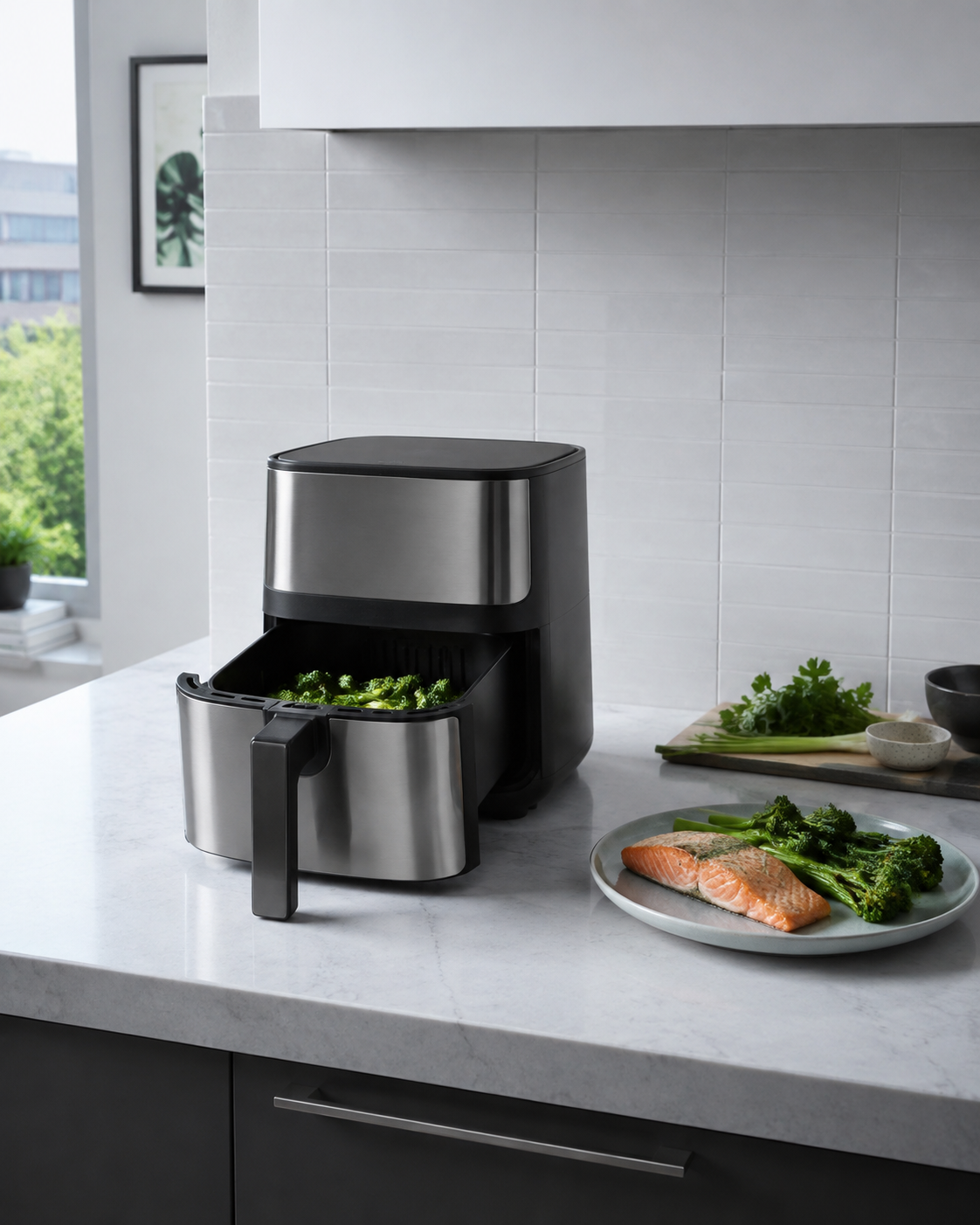 Compact basket air fryer positioned forward on a small kitchen counter with prep space beside it.