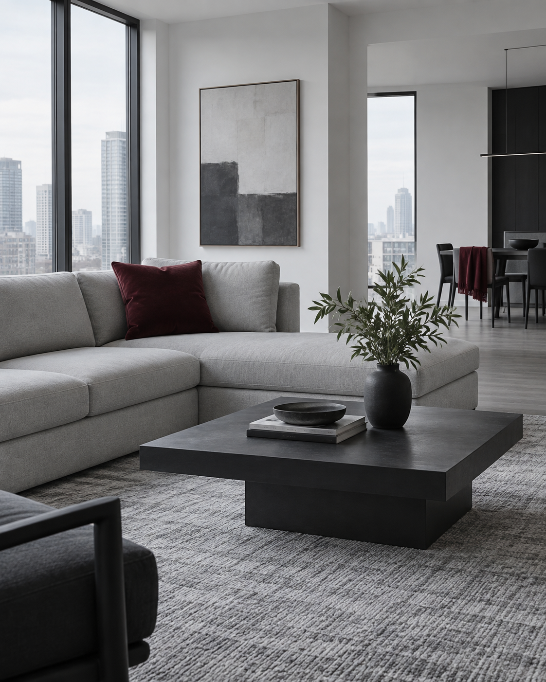 Living Room Decorative Accessories - Ravnora Decor Cool contemporary living room repeating burgundy and green accessories in controlled doses.