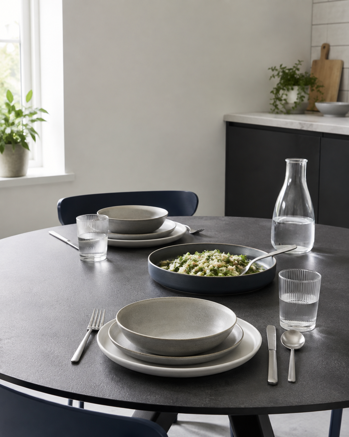 Kitchen Dinnerware & Serveware - Ravnora Decor Calm everyday dining table with coordinated plates, bowls, glasses and one low shared serving piece.