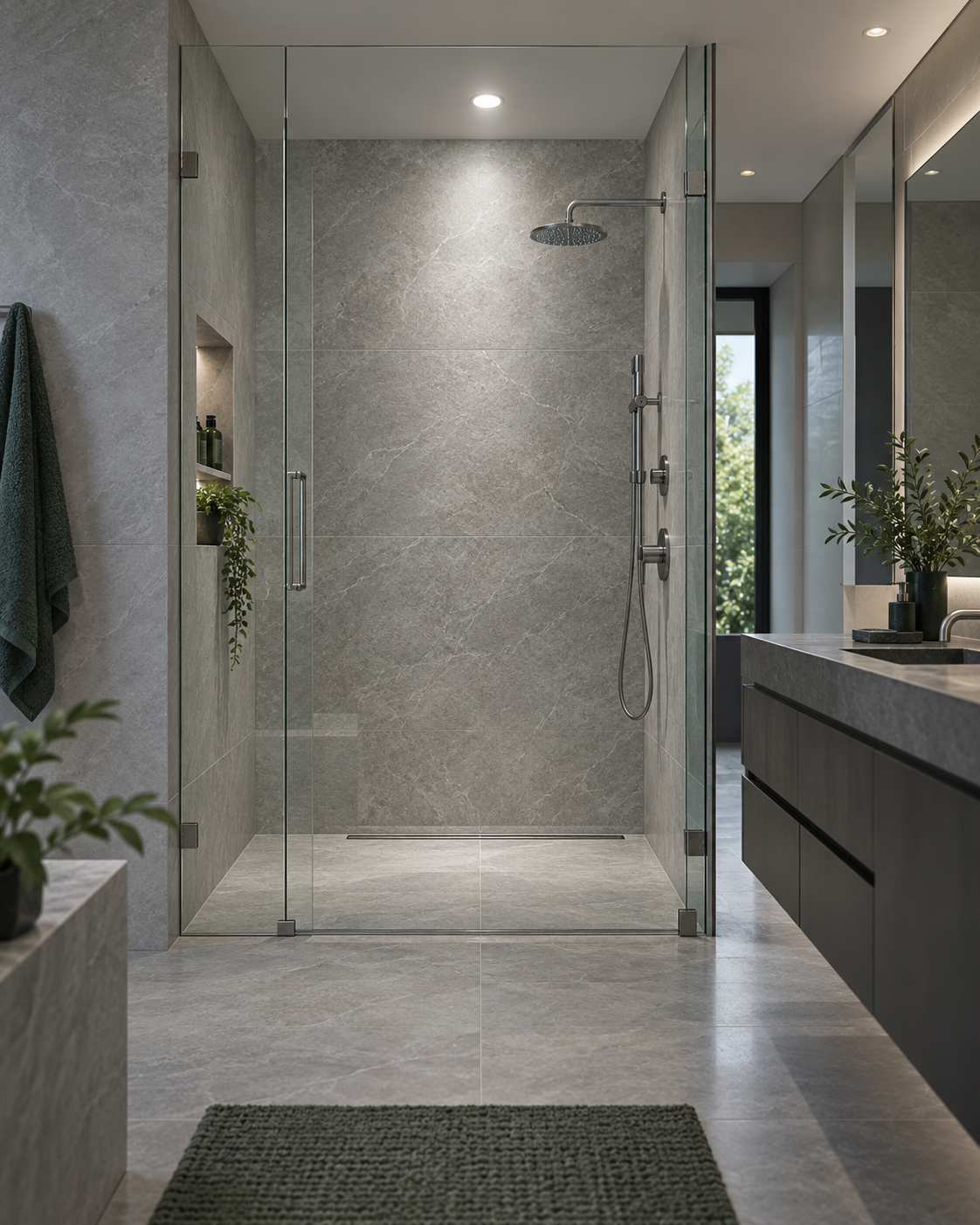 Walk-in shower with dedicated ceiling lighting