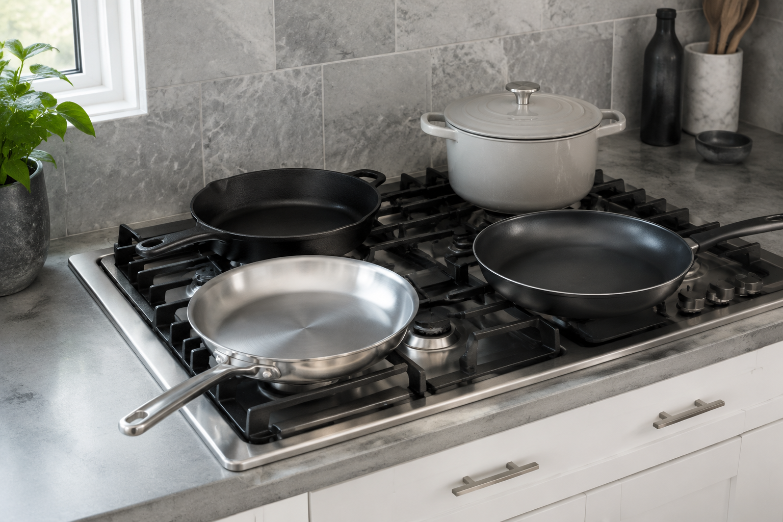 Kitchen Cookware & Bakeware Essentials - Ravnora Decor Modern cooktop showing stainless, nonstick, cast-iron and enameled cookware as visually distinct material routes.